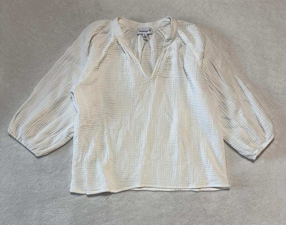 Veronica M Shirt Womens XS White Gauze 3/4 Sleeve Split Neck Blouse Boho